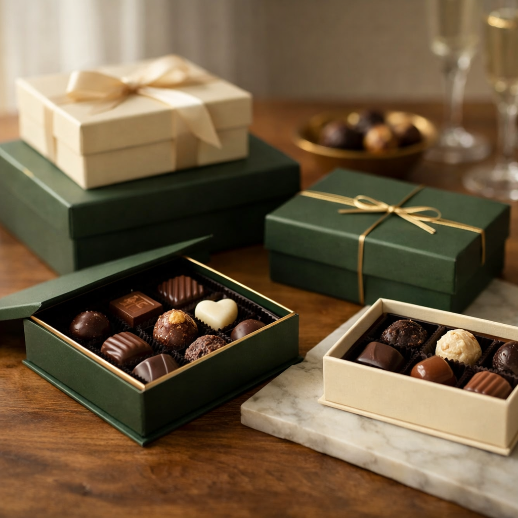Assorted chocolates in gift boxes on a wooden table with a glass of champagne.